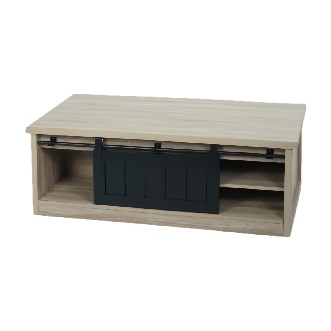 Wood Coffee Table with Sliding Barn Door, Storage Shelves, Light Oak Finish